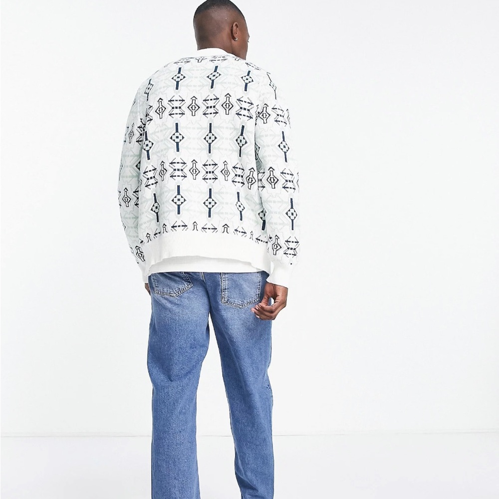 Topman geometric knitted zip through polo in ecru and blue - Picture 3 of 4